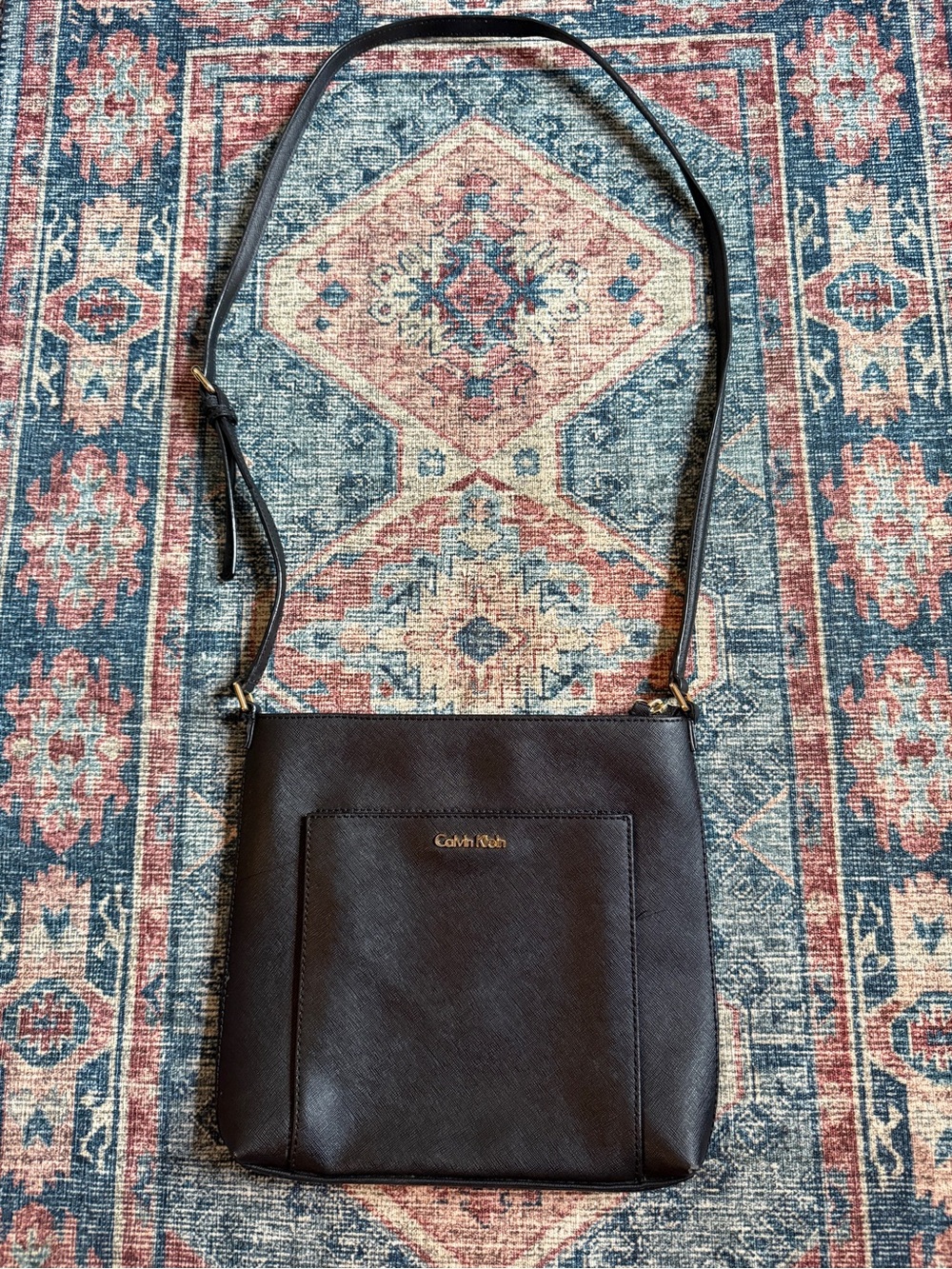 Calvin Klein Black Leather Crossbody Bag with Gold Logo